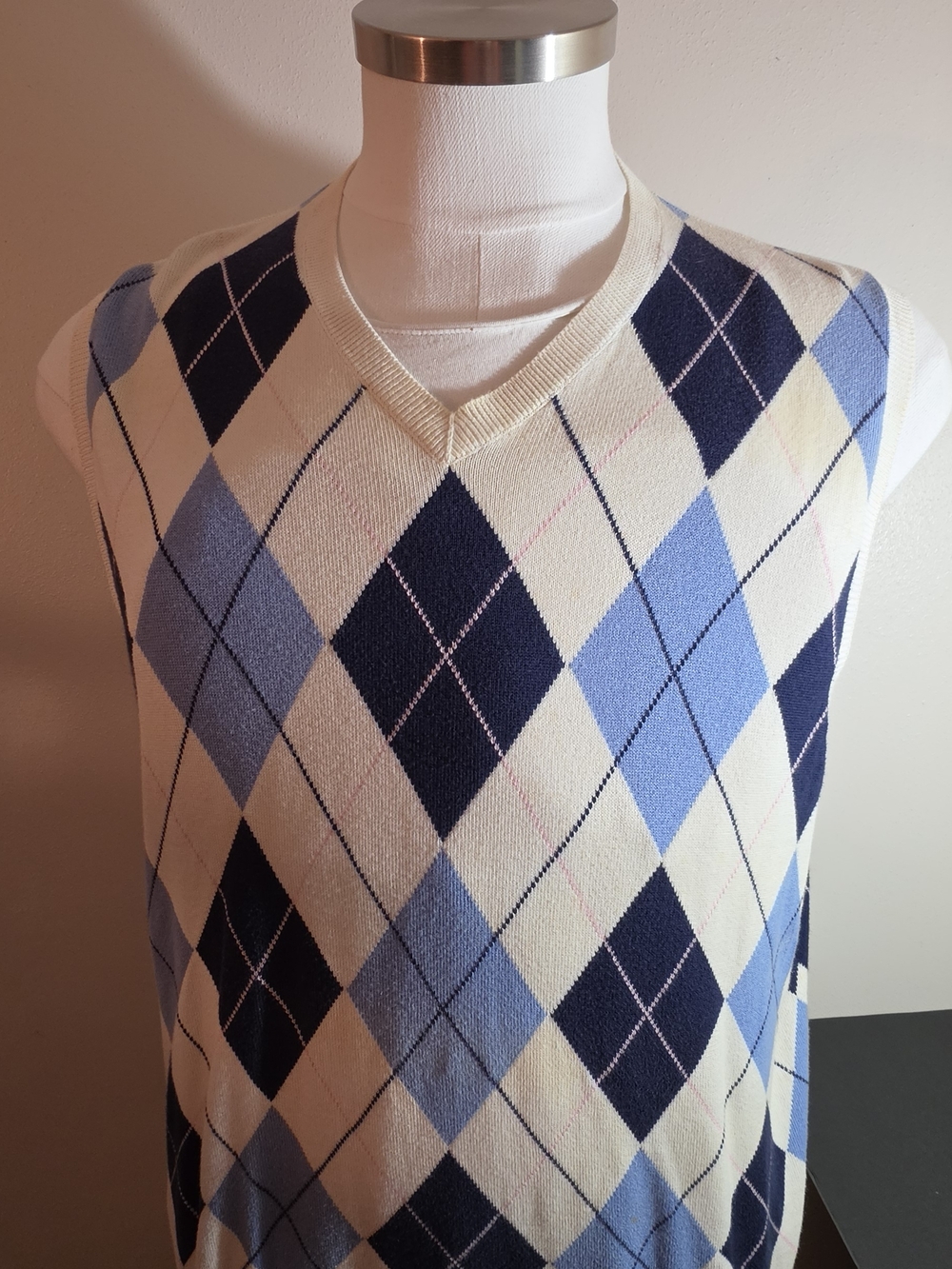 Ralph Lauren Cream Navy Light Blue Argyle V-Neck Sweater Vest